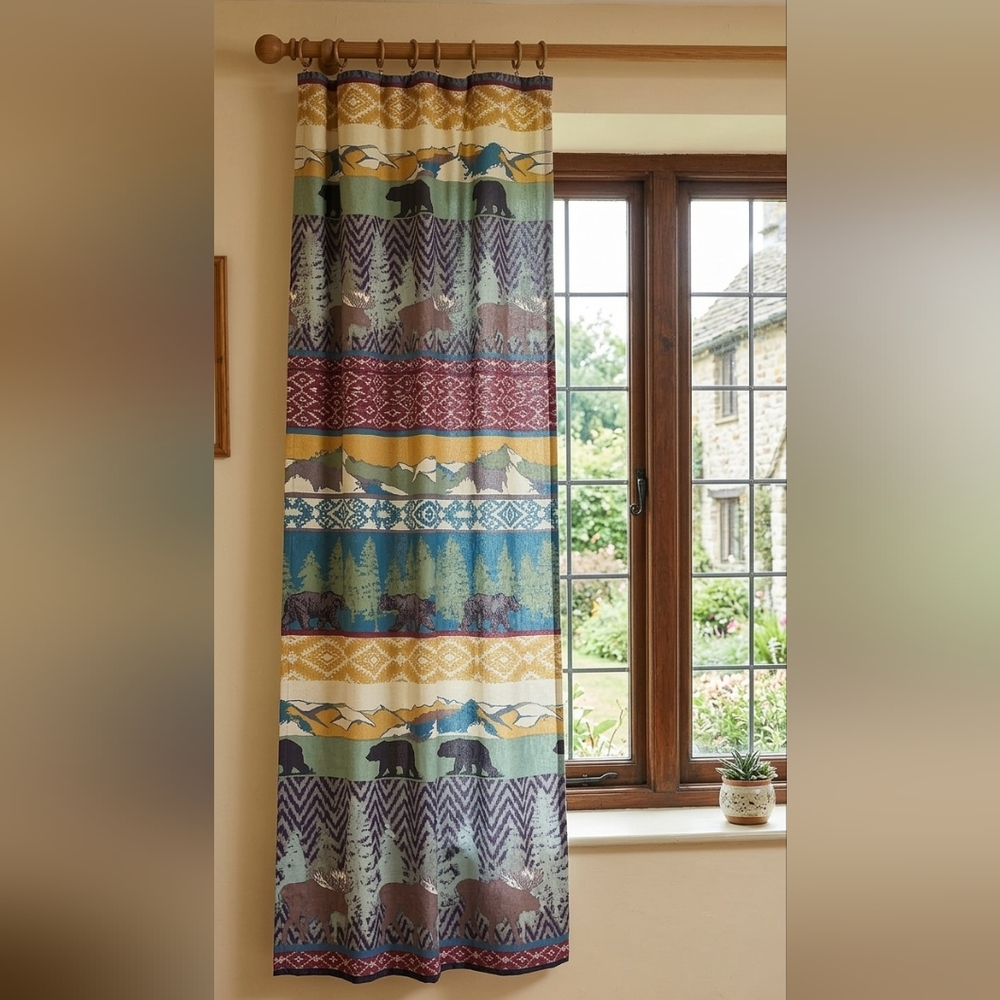 Rustic curtain panel with moose bears and mountains